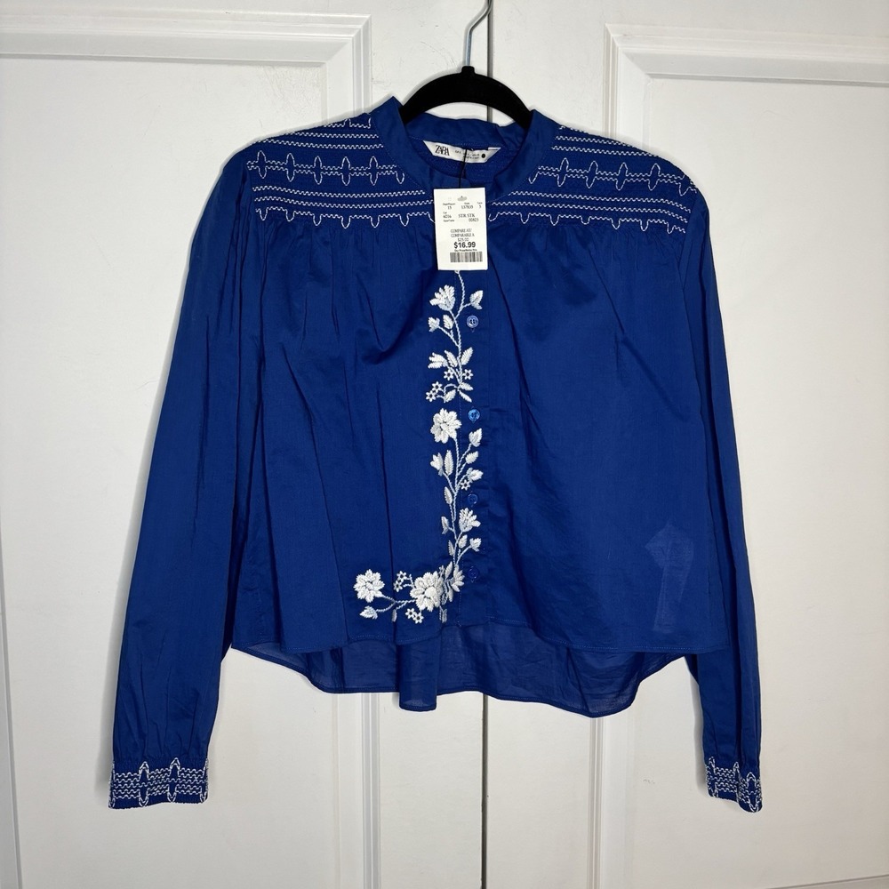 Zara Cropped Floral Blouse Womens S Blue Embroidered Boho Prairie Cottagecore
